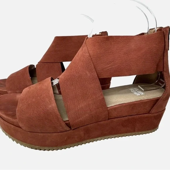 Eileen Fisher Brown Crisscross Nubuck Leather  Wedge Sandals - Picture 16 of 16
